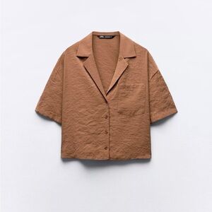 Zara Silky Brown Short Sleeve Button-Down Resort-style Cropped Shirt